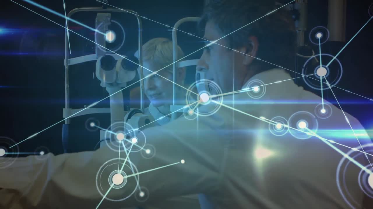 백인 남성 안과 의사와 여성 환자 간의 연결 네트워크의 애니메이션