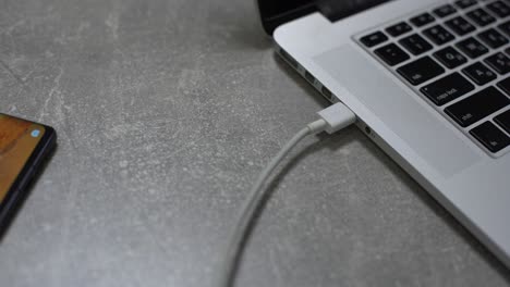 mano enchufando el cargador en el teléfono celular contra el ordenador portátil
