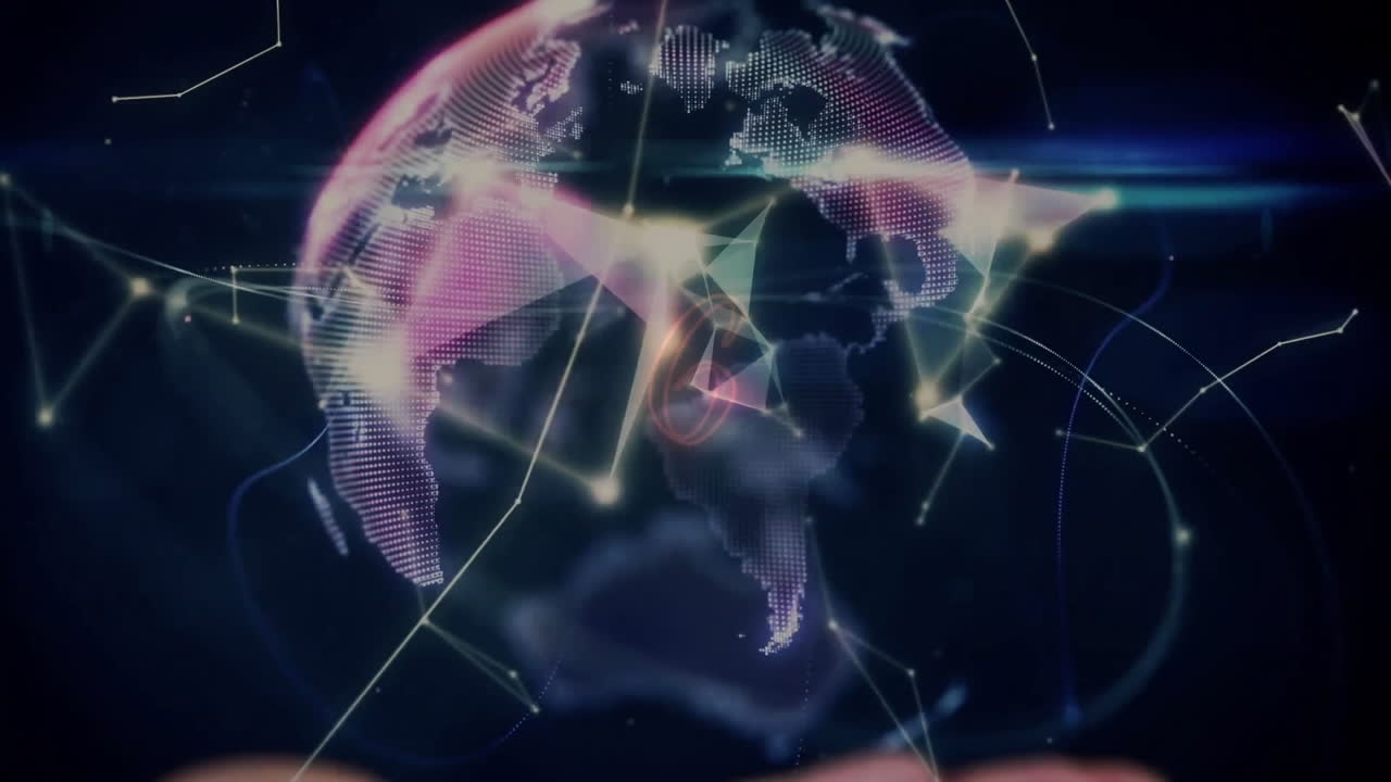 Animation of digital globe with network connections glowing against dark background