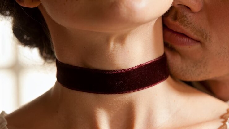 Approaching man leaning, pressing cheek and kissing woman's neck by window, velvet choker, romantic