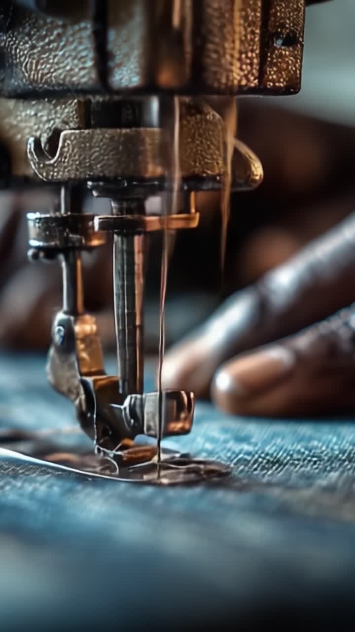 An Intimate Close-Up of a Sewing Machine's Needle in Motion, Capturing the Perfect Stitching Moment with Threads Gliding Effortlessly Through Fabric