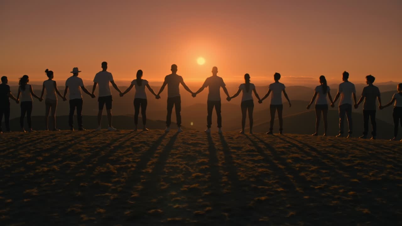 Diverse group of people holding hands in silhouette against a vibrant golden sunset on a mountain