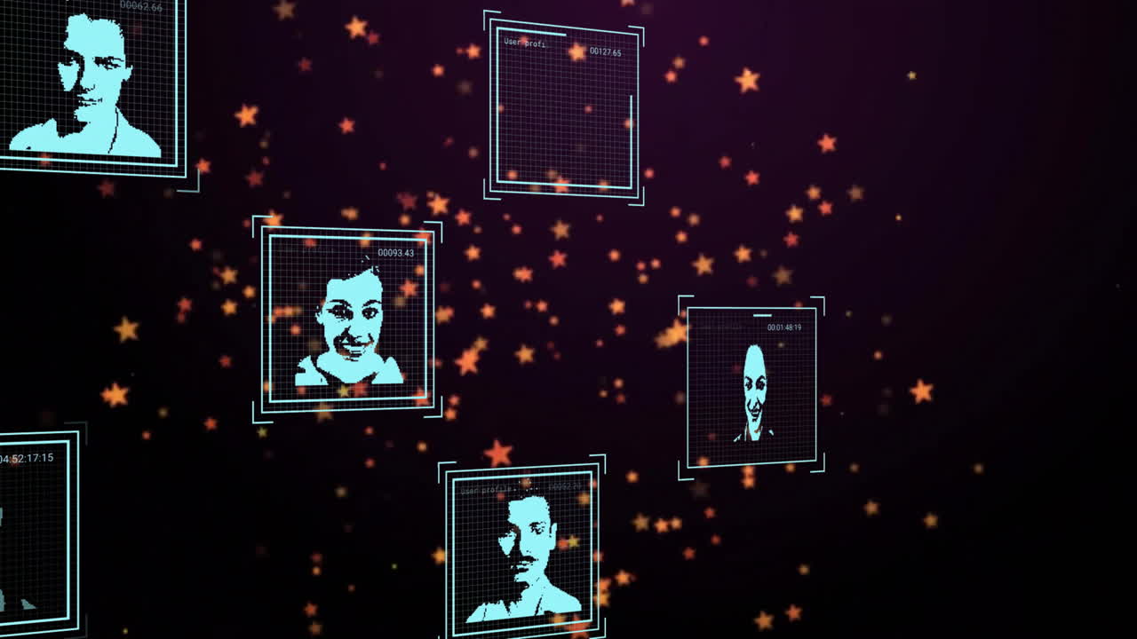 animación de iconos con conexiones y procesamiento de datos sobre fondo oscuro