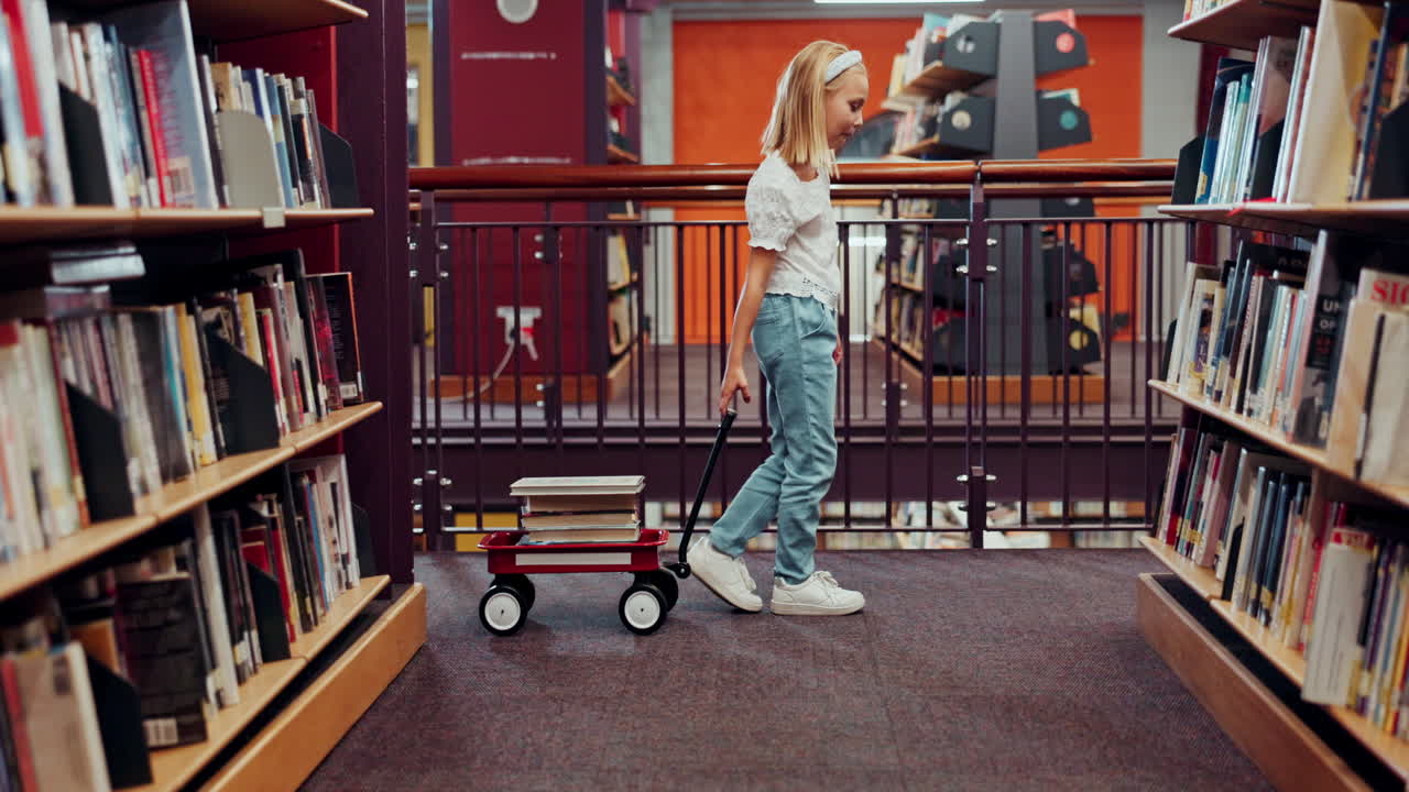Girl with Wagon of Books in Library