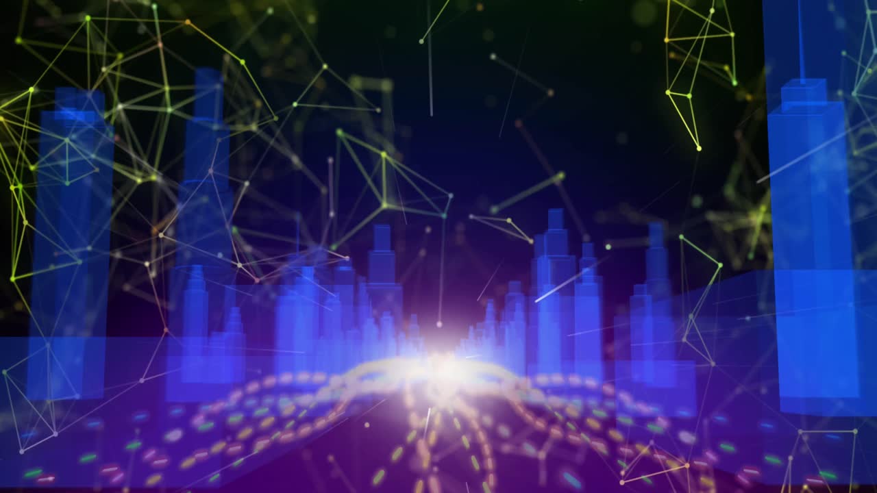 Modello 3D di città su sfondo di rete di connessioni.