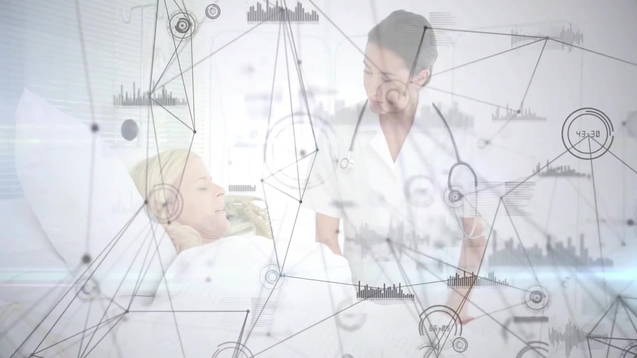 Nurse reviewing monitor and listening heartbeat in checkup as medical overlay animates around bed