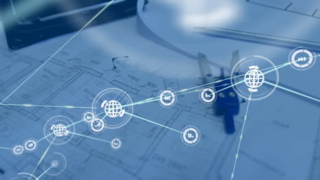 animación de la red de conexiones sobre el plan de construcción en el escritorio