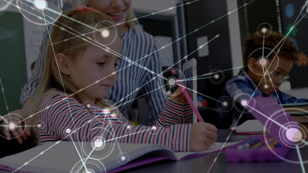 Girl writing in class while teacher tapping tablet animated node network expanding to show lesson