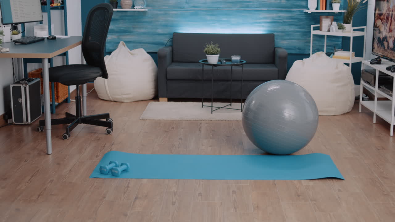 Empty space with training equipment to workout at home