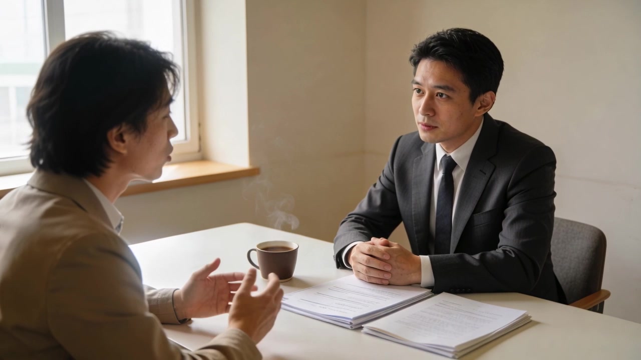 ダークスーツを着た男性がファイルを抱え、熱心に耳を傾けながら内容を確認している。同僚はコーヒーマグを片手に身を乗り出している。