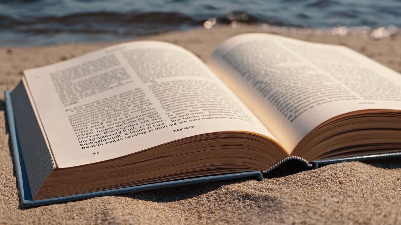 Primo piano, inquadratura dal basso di un libro aperto sulla sabbia, che unisce letteratura e natura.