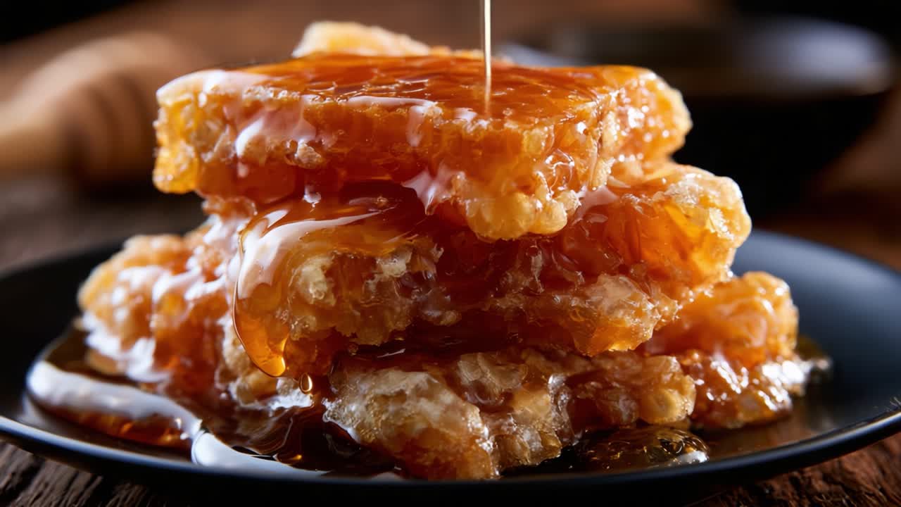 Delizioso favo dorato impilato su un piatto che risplende di sciroppo dolce, mettendo in mostra la ricca consistenza e la dolcezza naturale del miele fresco
