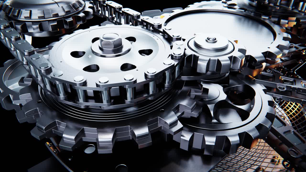 Close-Up View of Rotating Metal Gears and Chain Mechanism