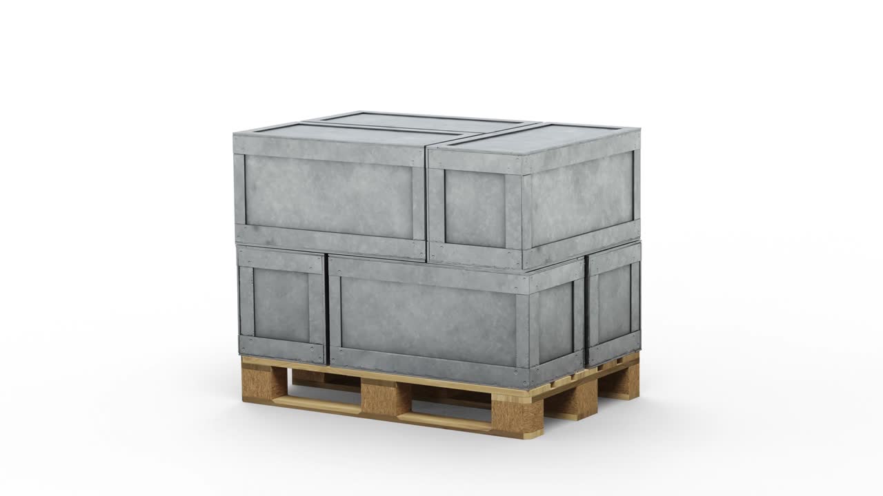 6개의 운송 금속 상자들로 가득 찬 팔레트를 돌리는 루프