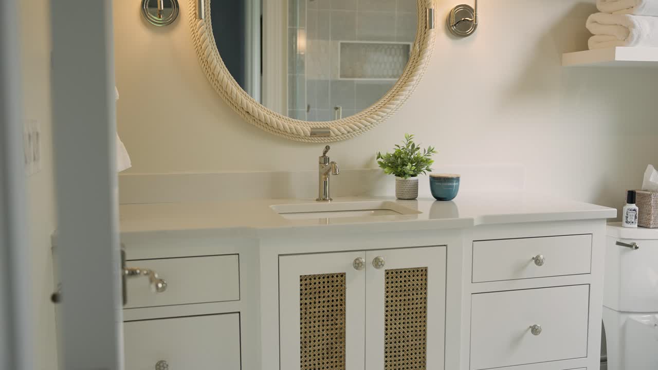 Push in shot of bright white bathroom sink