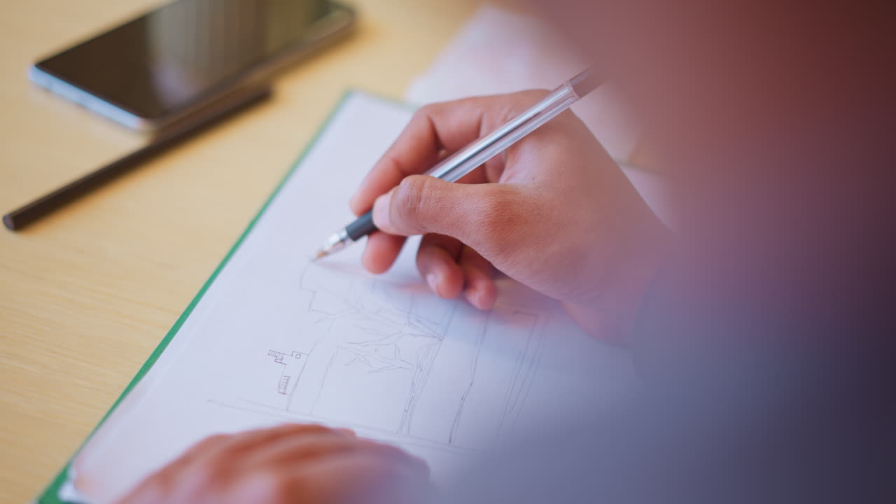 Close-up of hand holding pen sketching tree and window scene on paper pad placed on wooden desk, showcasing artistic creativity and careful design process in quiet workspace with mobile device nearby