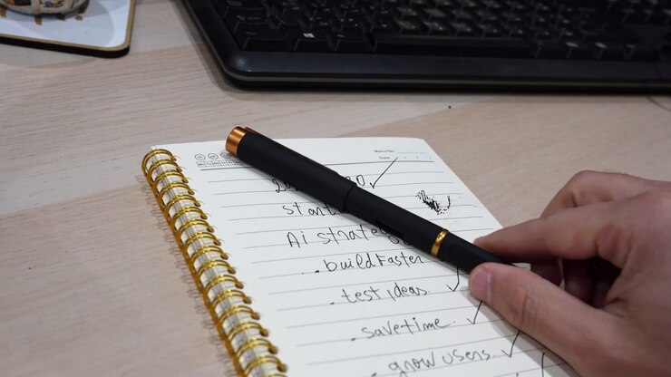 Close-up of a person's hand using a black pen to check off a startup AI strategy list for 2027 to 2030 in a spiral notebook. A blurred computer keyboard sits on the wooden office desk background.