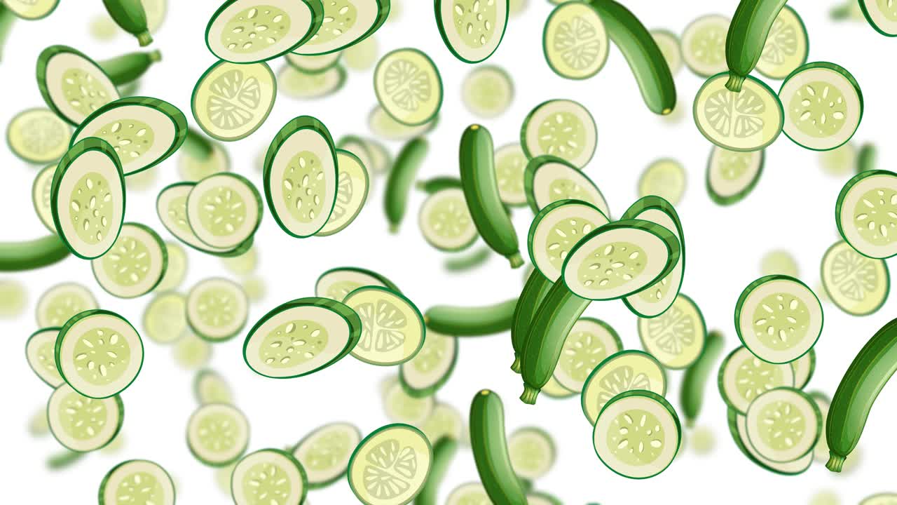 Looping animation of fresh cucumber slices and whole cucumbers raining downward over clean white background