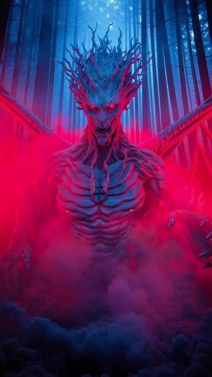 A demonic creature in the woods with red eyes