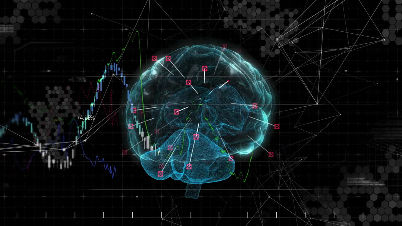 Animation of digital brain with data graphs and network connections in background