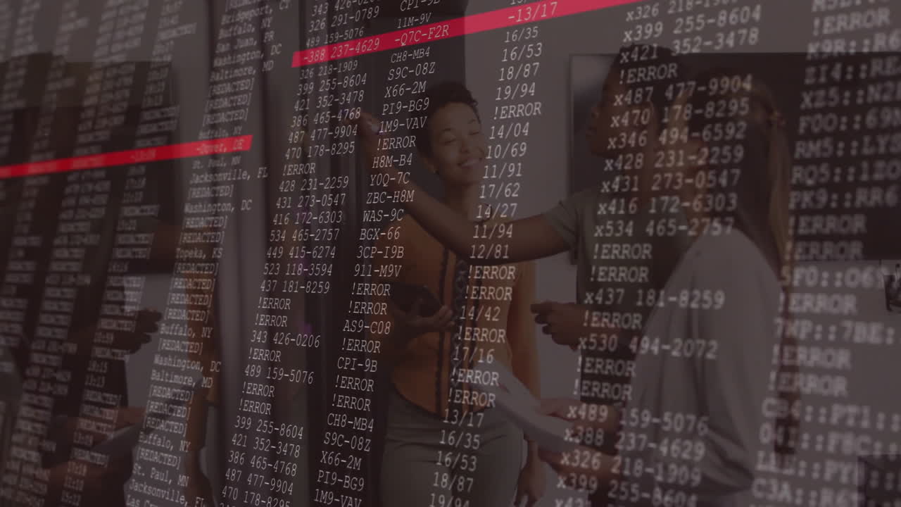 Animation of data error messages overlaying diverse group collaborating in office