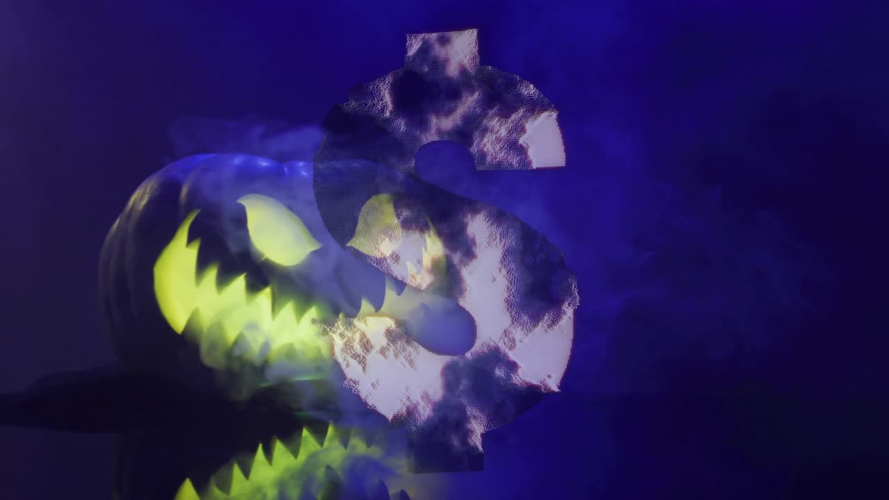 Smoke emerging right swirling into jagged dollar sign over pumpkin head signaling finance concept