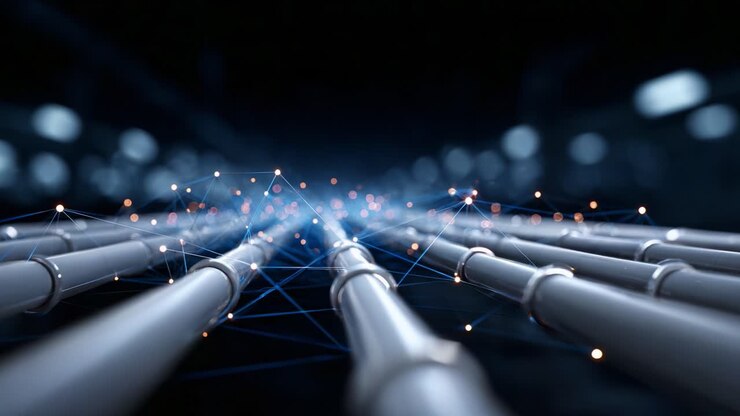 Futuristic Network of Pipes with Digital Connections: A Visualization of Advanced Technology and Connectivity in a Modern Industrial Environment