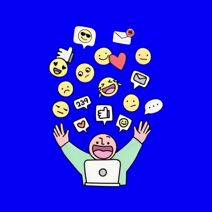 Tegneseriefigur begeistret over fallende sosiale medier-emojier og likes