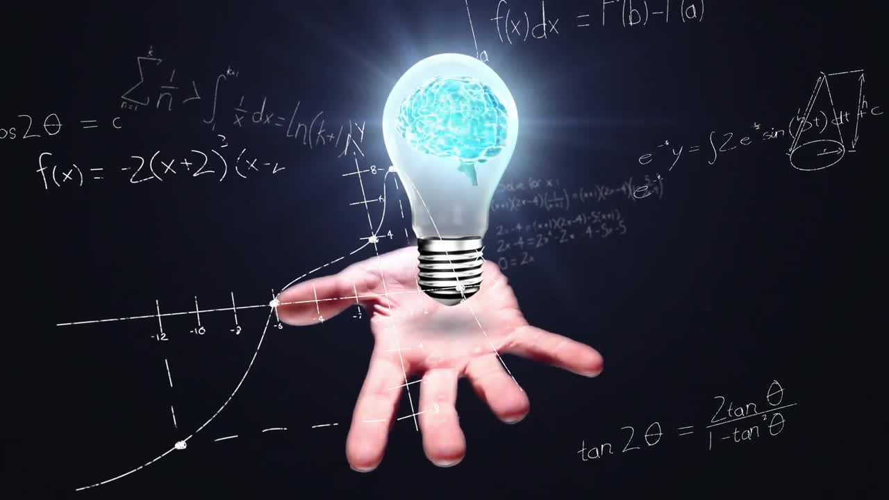 여성의 손 위에 뇌를 가진 전구의 애니메이션과 수학적 데이터 처리