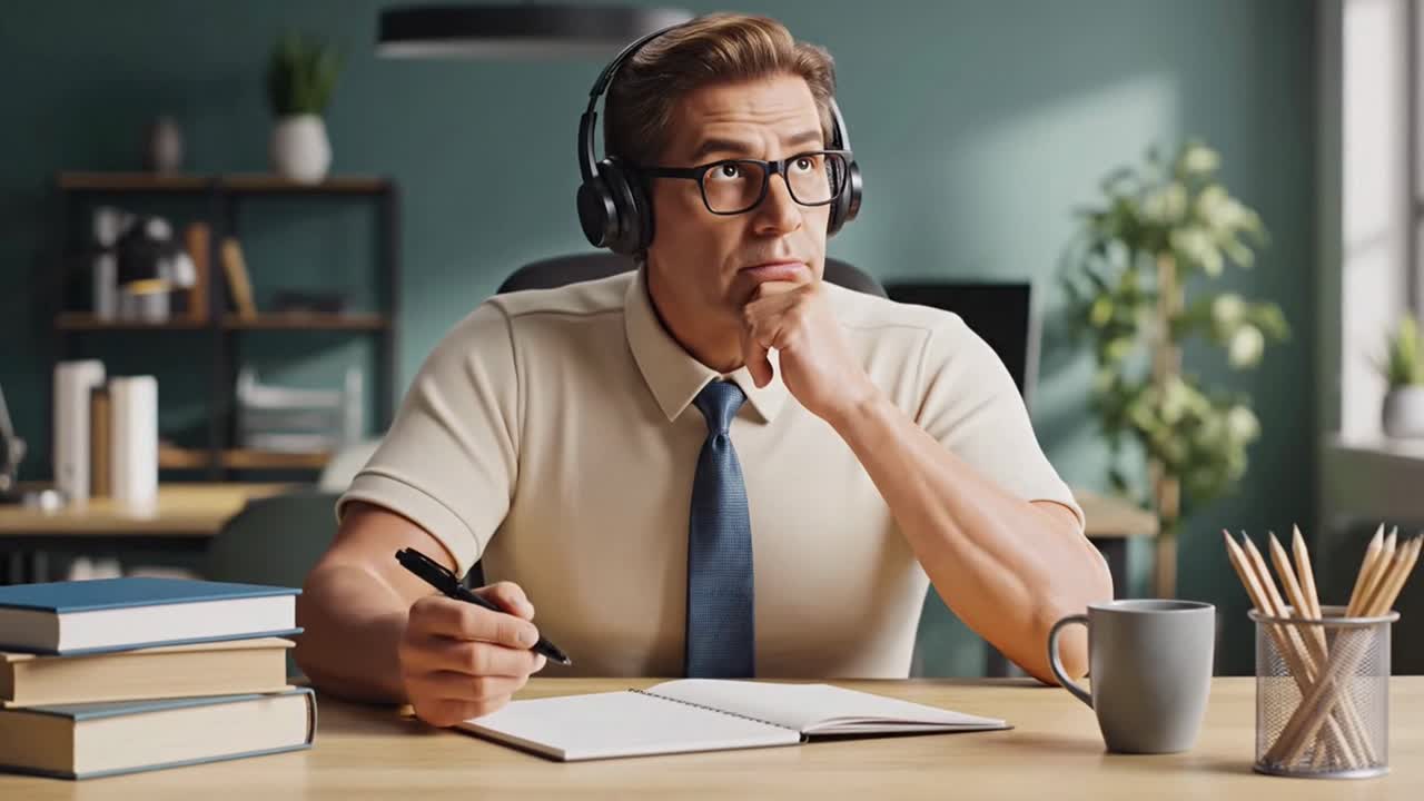 Man wearing headphones writing notes studying at desk