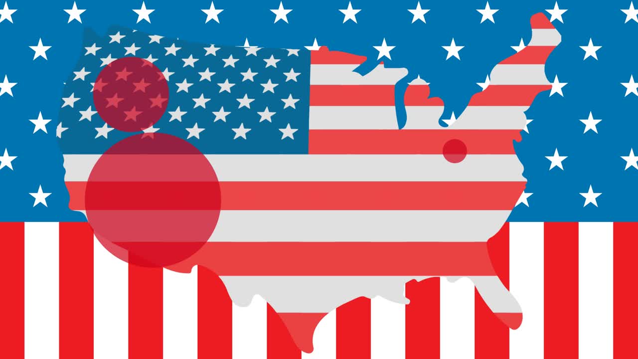 Animation of usa map coloured in american flag over american flag