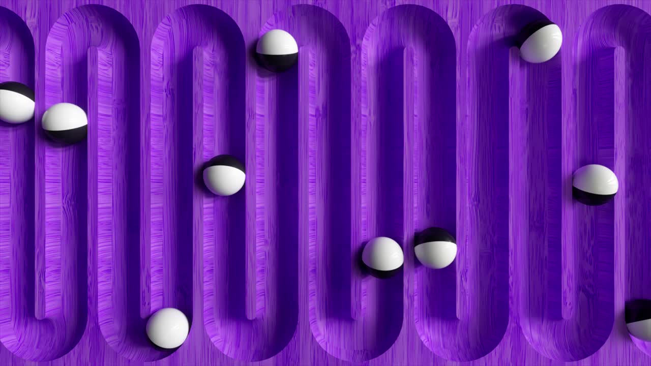 Lys farverig baggrund med rullende kugler langs stierne. Plastikkugle, der ruller i geometrisk fordybning. 3D-animation af en sømløs loop