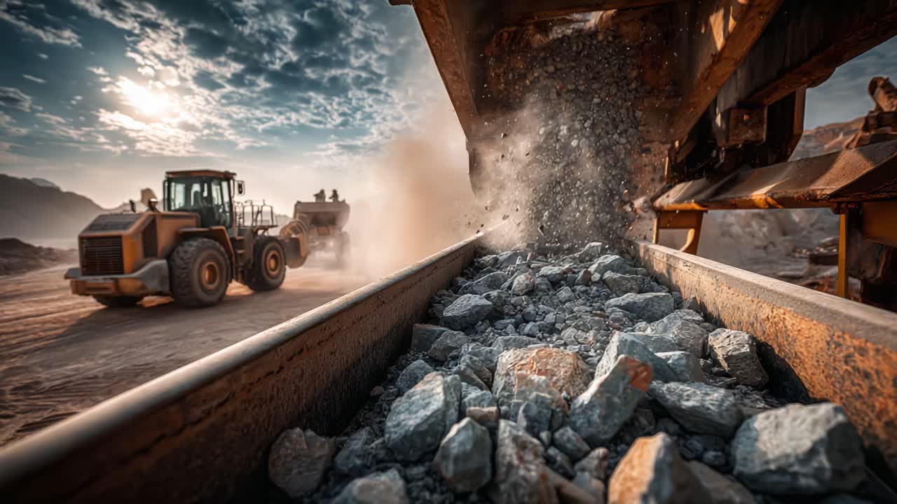 Heavy Machinery Working in a Quarry: A Close-Up View of Rocks Being Moved and Loaded onto a Conveyor Belt Amid a Dusty Landscape Under a Beautiful Sky