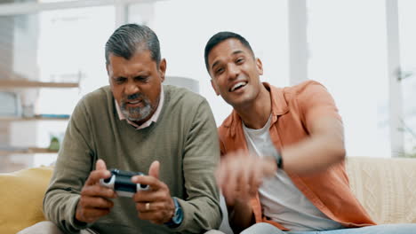 Video-game,-adult-son-and-old-man-bonding