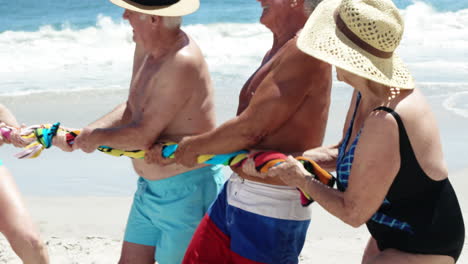 senior friends playing tug of war