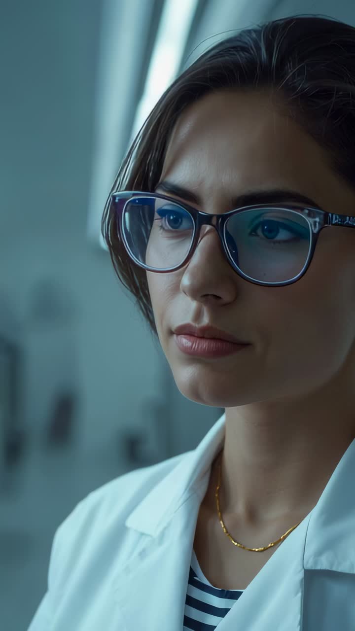 Vertical video: Closing eyes briefly doctor in white coat doing vision exam at clinic, with frames