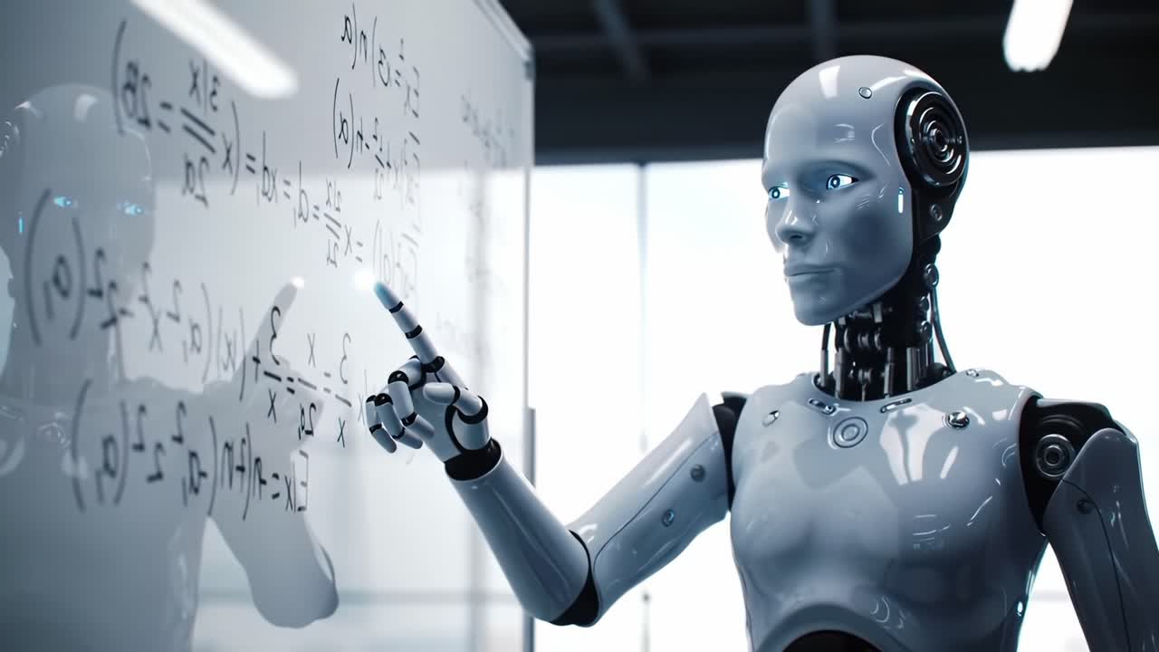 Advanced AI Robot Engaged in Mathematical Problem Solving Demonstrates Human-like Intelligence and Innovative Technologies in a Modern Classroom Setting