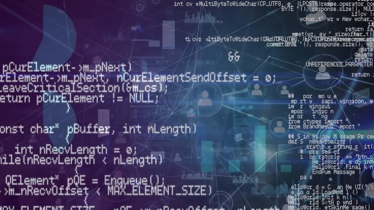 Animatie van computertaal over grafieken en verbonden stippen tegen een abstracte achtergrond