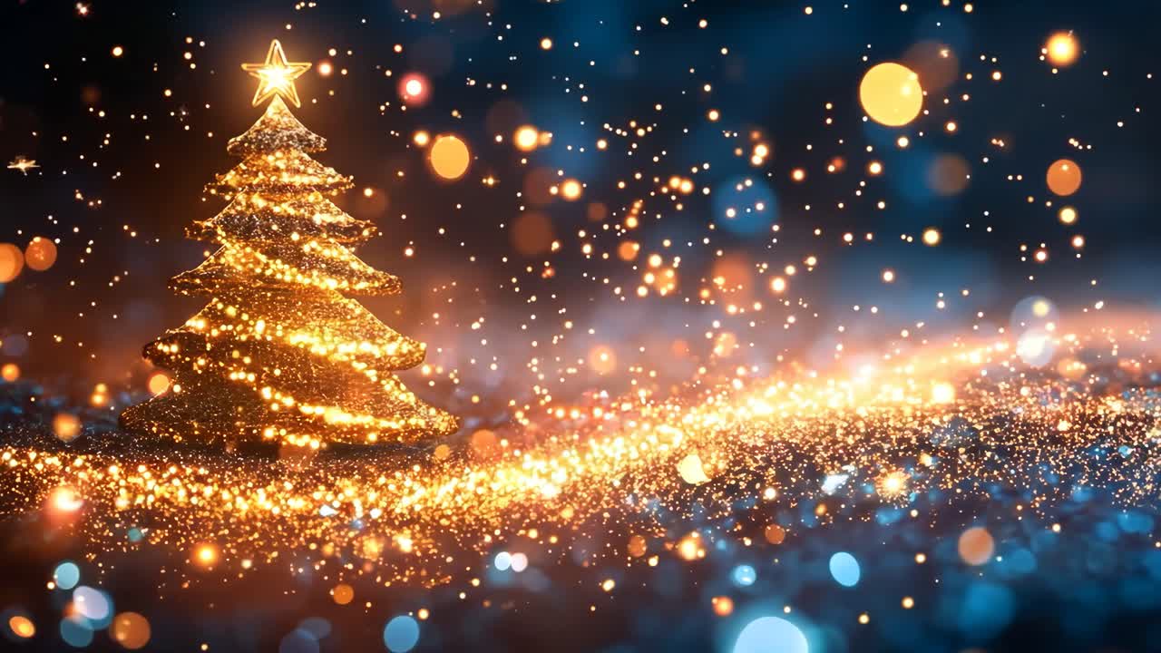 A Christmas tree with lights is surrounded by a blurry background. The tree is the main focus of the image, and the lights on it create a warm and festive atmosphere