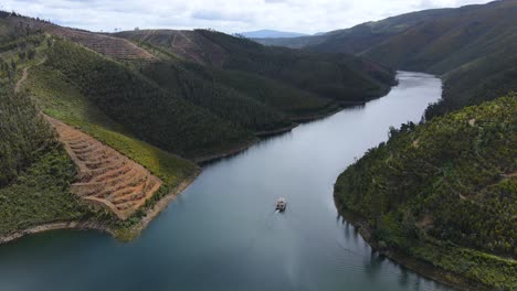 Aerial-view-of-a-boat-cruising-through-pinewood-valleys-on-a-sunny-day