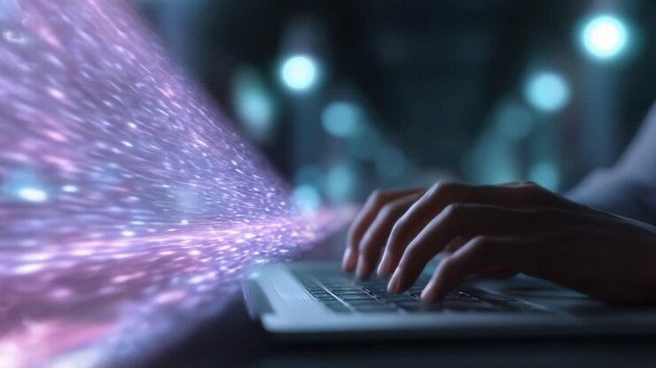 A Close-Up of Hands Typing on a Laptop as Vivid Digital Sparks Emanate, Illustrating Innovation, Technology, and the Streaming of Information in a Modern Environment