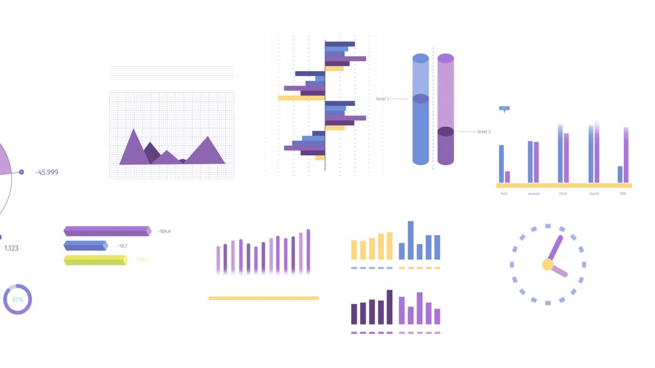 animación de estadísticas y procesamiento de datos financieros sobre fondo blanco