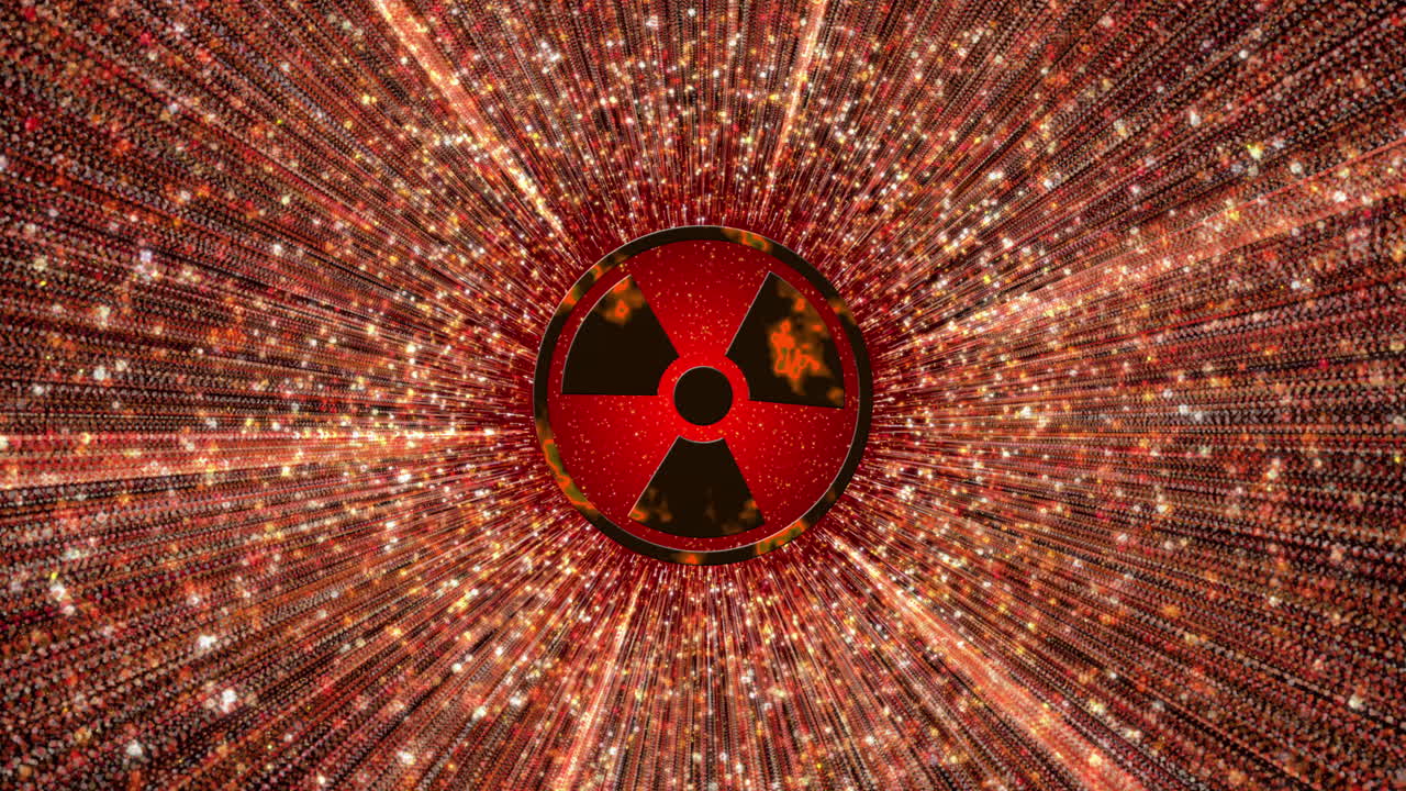 Red radioactive animated screensaver with logo. Nuclear energy setting icon animation with bright glowing moving particles. Loop motion graphic.