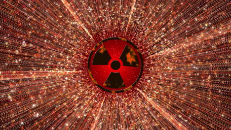 red radioactive animated screensaver with logo. nuclear energy setting icon animation with bright glowing moving particles. loop motion graphic.