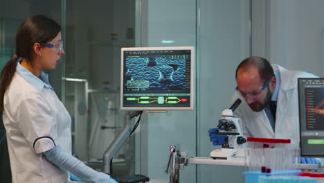 scientist team checking virus development using microscope