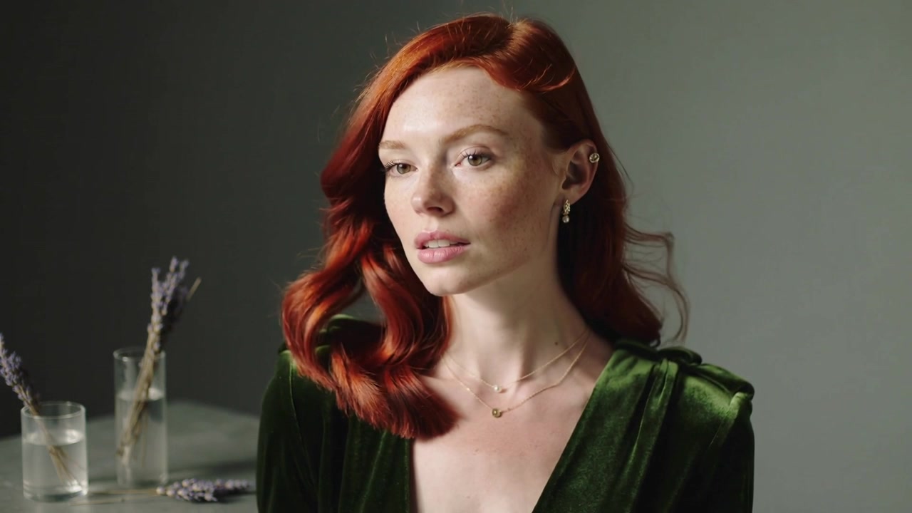 Dopo il segnale, una modella in abito verde sposta lo sguardo e stringe le labbra in studio, a un tavolo con occhiali color lavanda.