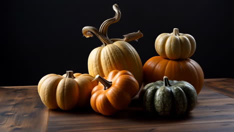 a still life of various pumpkins and gourds on a wooden table