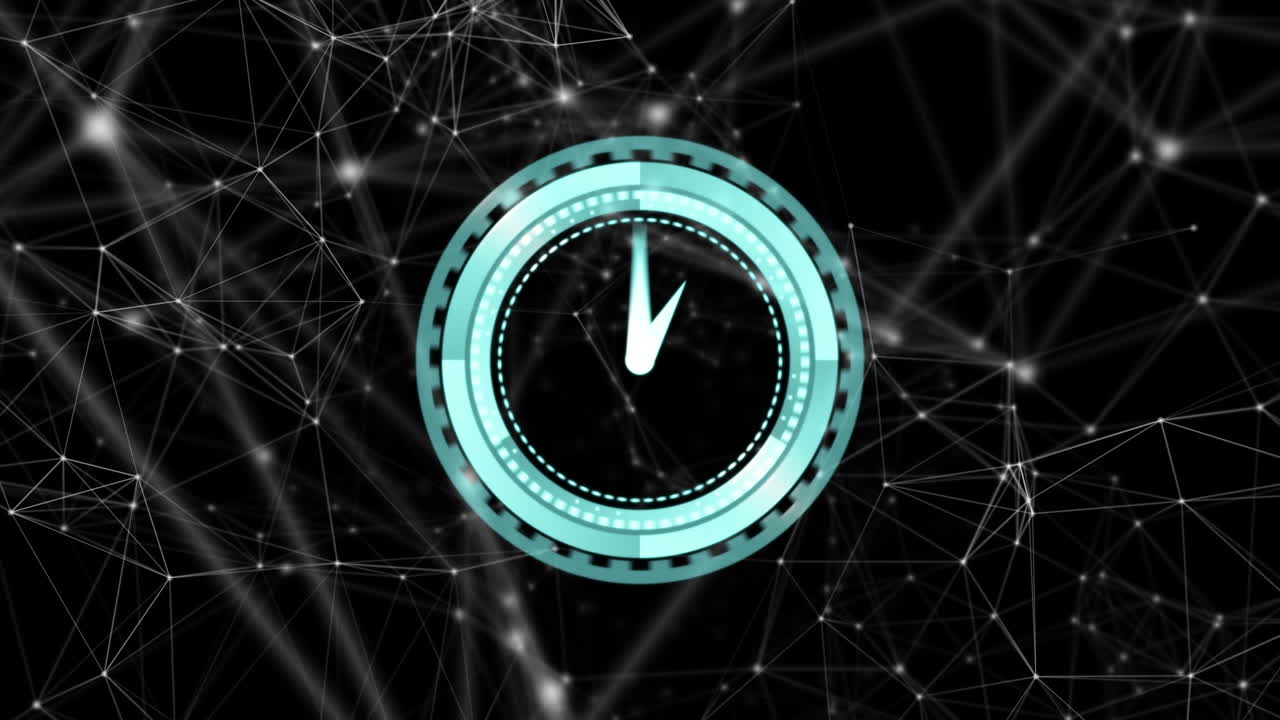Animation of network of connections and clock moving over black background