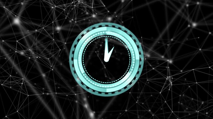 Animation of network of connections and clock moving over black background