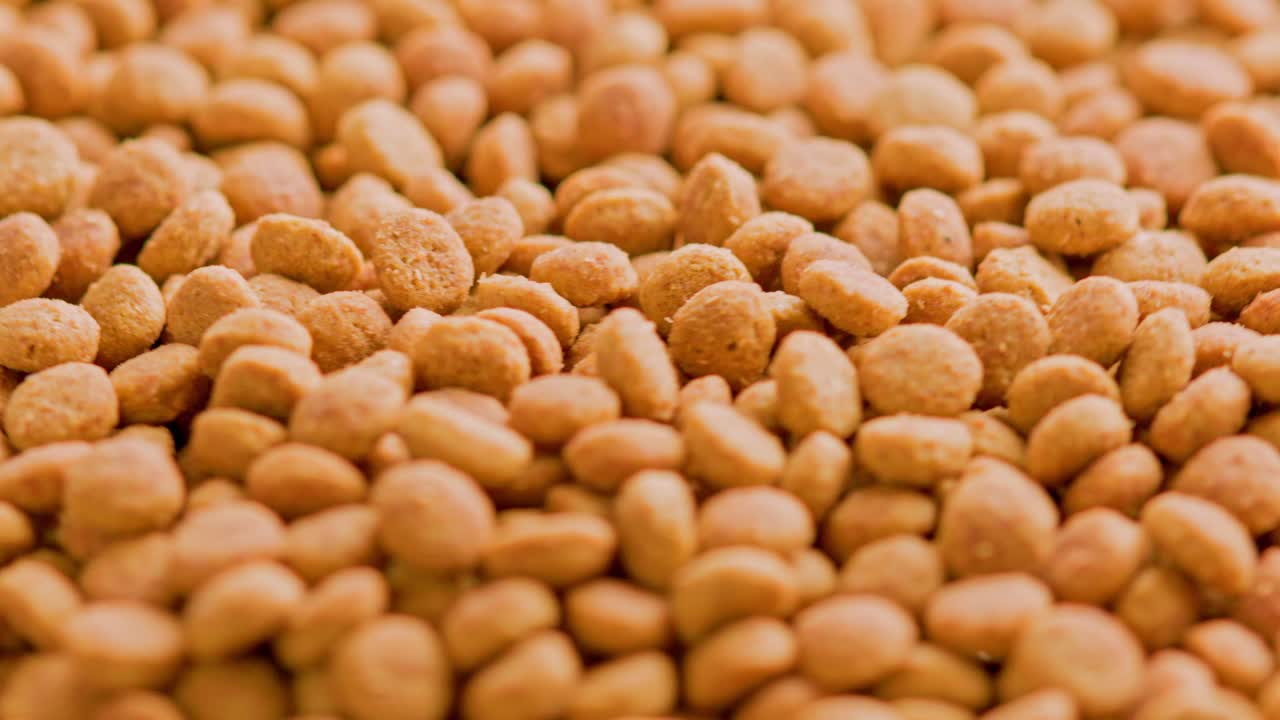 작은 건조한 오렌지색 고양이 음식 크로켓의 전체 프레임 루프 회전 배경